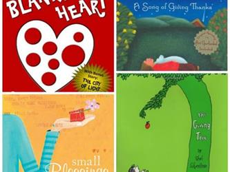 book covers of four books: The Blankful Heart, Grateful A Song of Giving Thanks, Small Blessings, and The Giving Tree